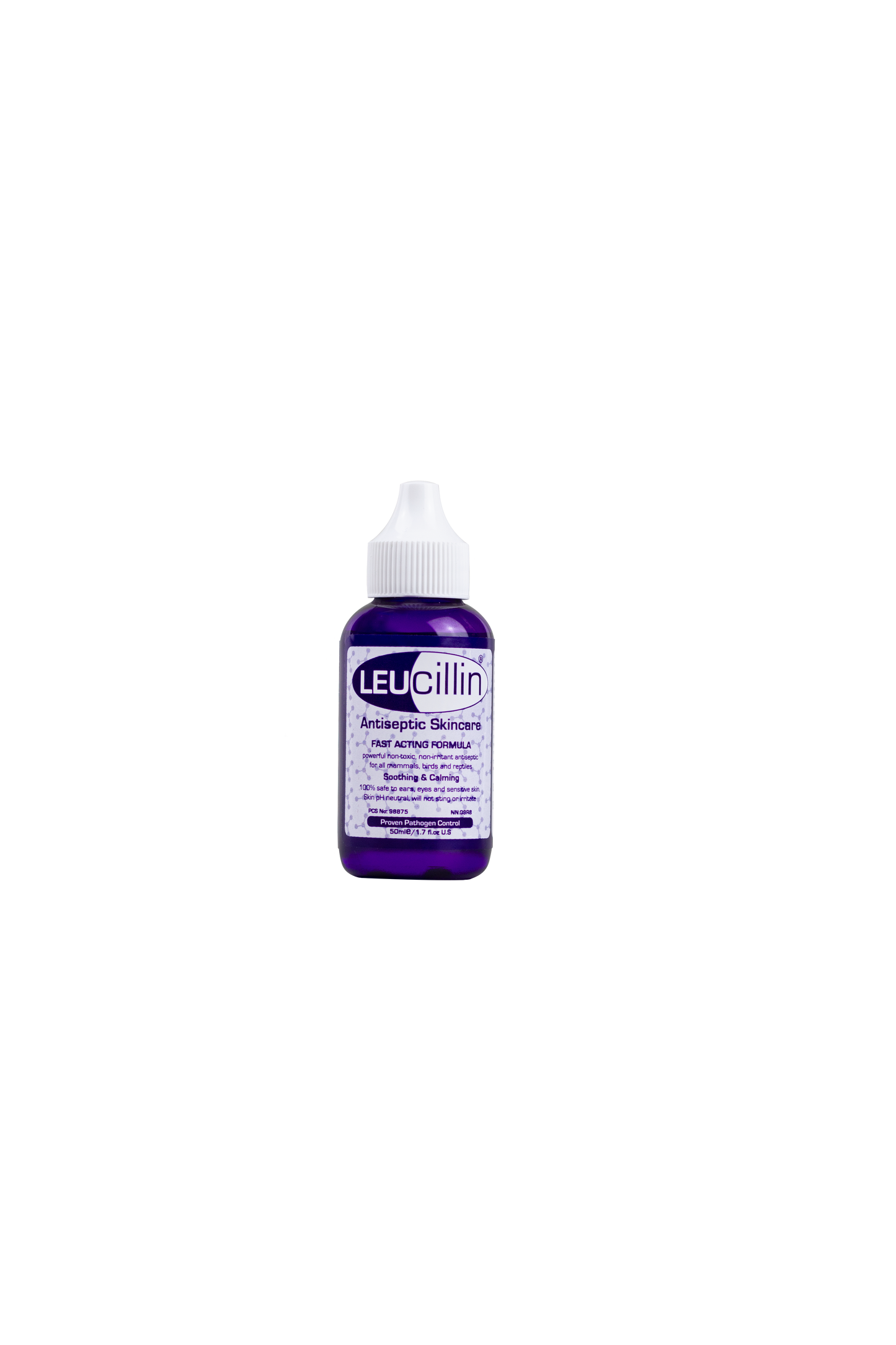 A small purple bottle of Hilltop Pet Food Leucillin Animal Antiseptic Skincare with a white cap, safe for all pets.