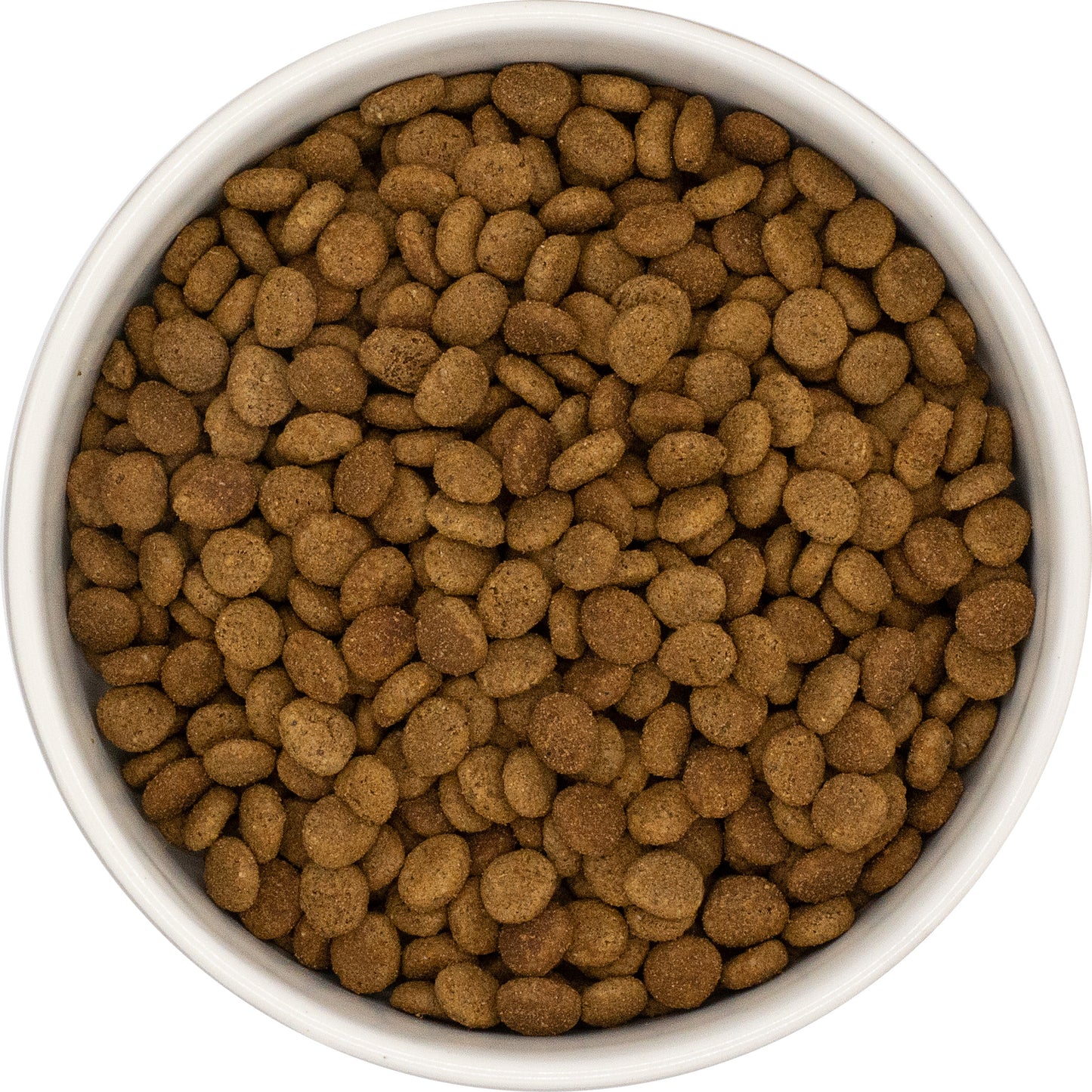 A white bowl filled with Hilltop Pet Food Sterilised Adult Cat Food—Chicken with Tuna & Salmon, viewed from above.