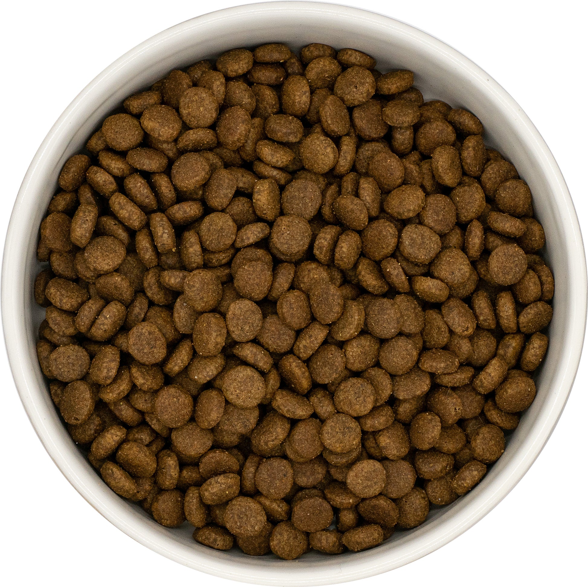A white bowl of Hilltop Pet Foods Hilltop Connoisseur Adult Cat Food - Duck & Sardine, viewed from above.