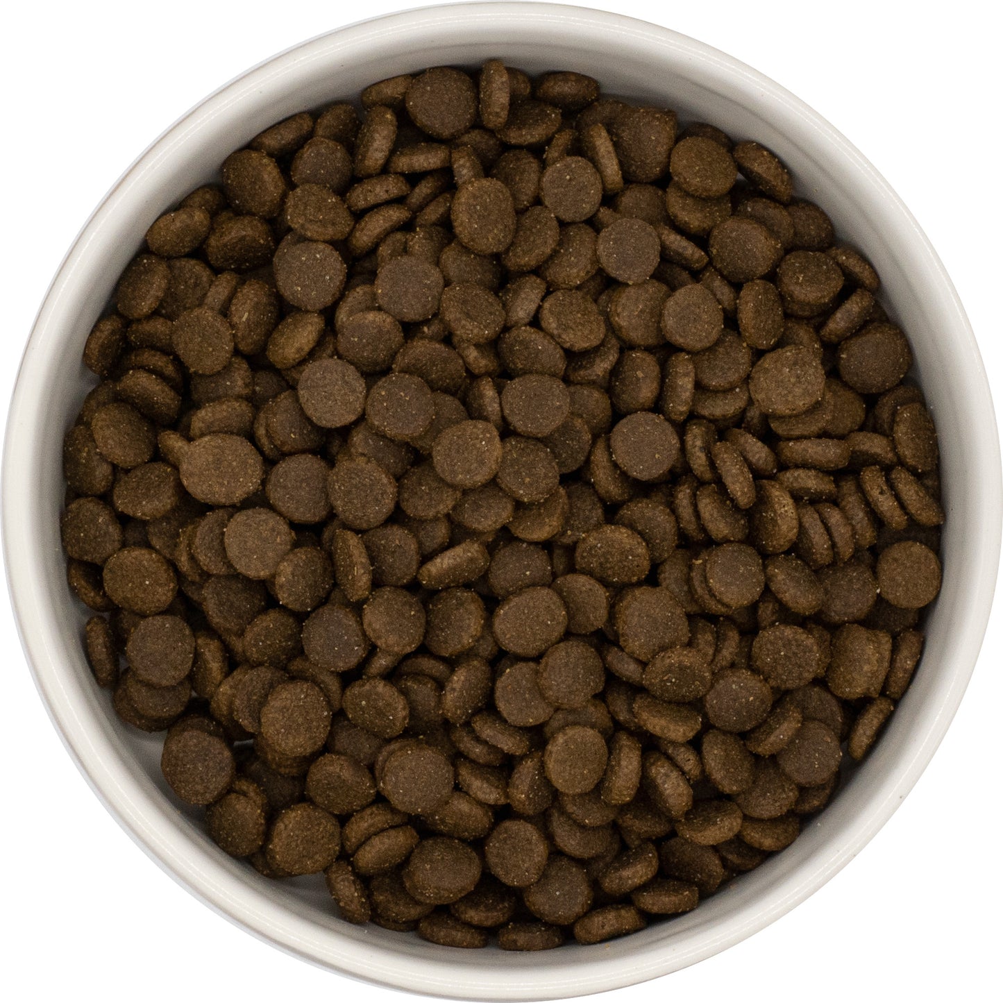 A white bowl of Hilltop Super Premium Adult Cat Food—Salmon & Chicken with Rice—from Hilltop Pet Food, viewed from above.
