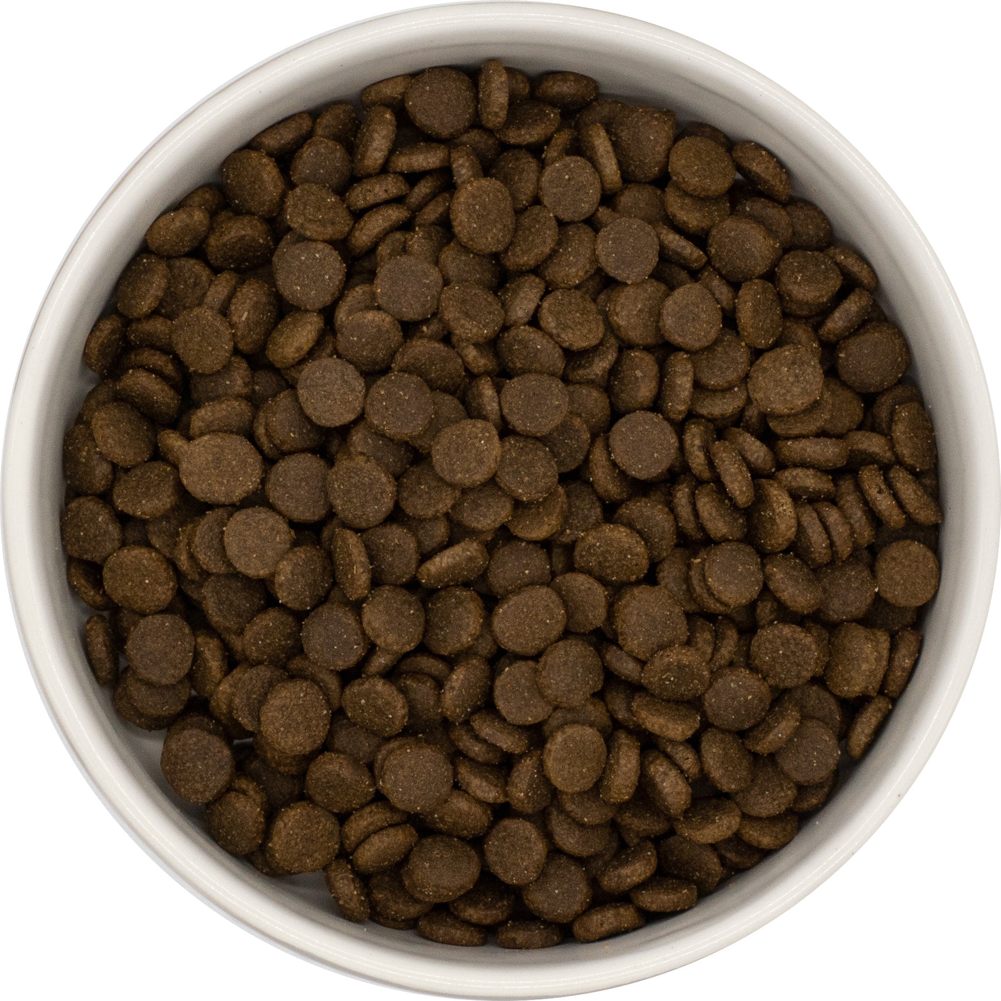 A white bowl of Hilltop Super Premium Adult Cat Food—Salmon & Chicken with Rice—from Hilltop Pet Food, viewed from above.