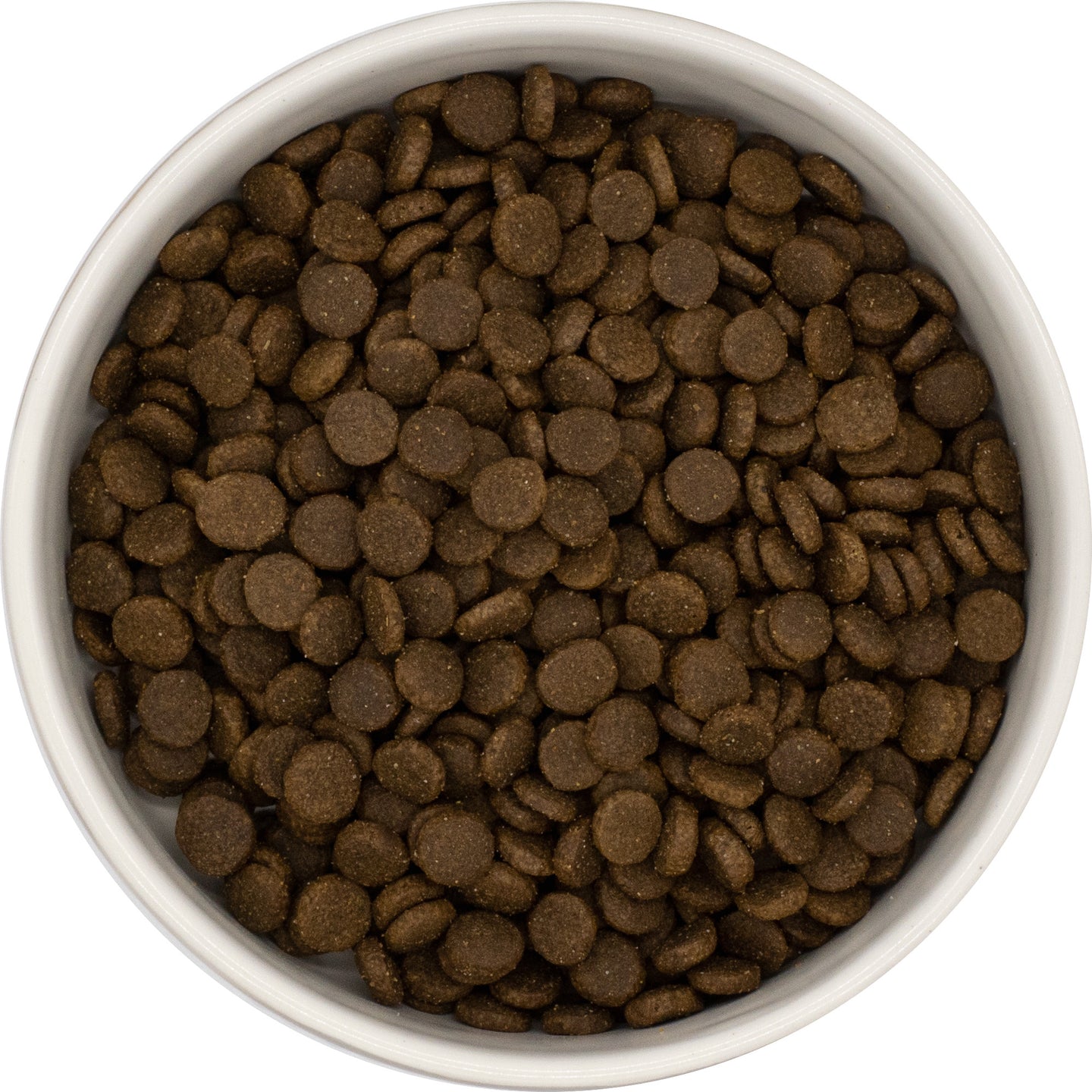 A white bowl of Hilltop Super Premium Adult Cat Food—Salmon & Chicken with Rice—from Hilltop Pet Food, viewed from above.