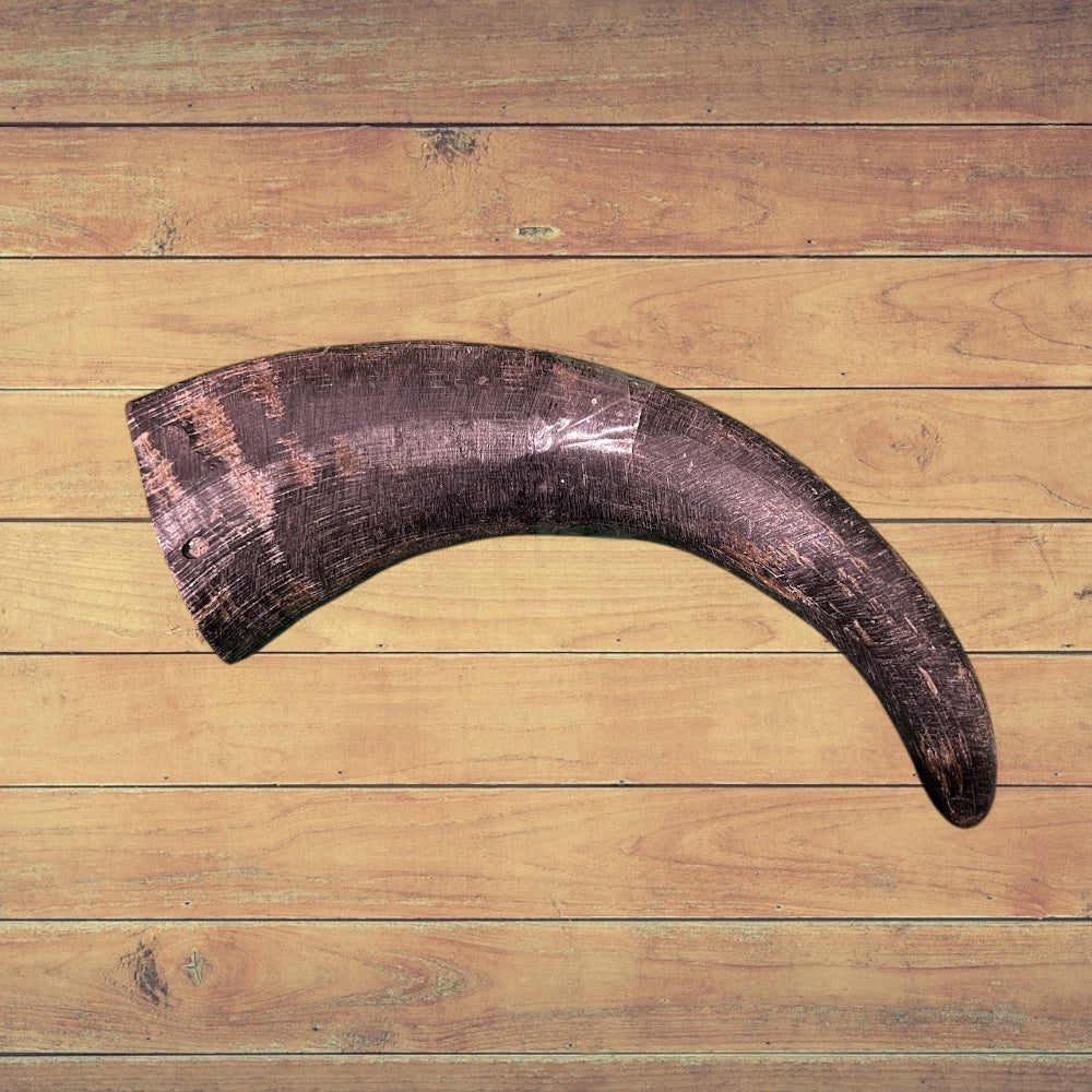 Hilltop Pet Food Buffalo Horn—a curved, all-natural, long lasting dog treat, displayed on a wooden surface.