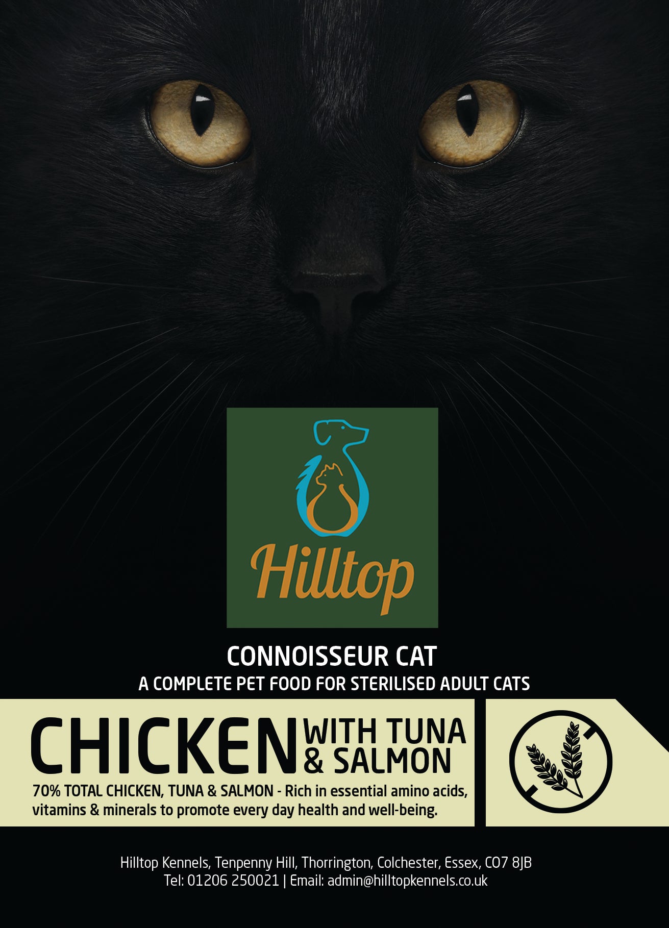 A black cat with yellow eyes peers over a label for Hilltop Connoisseur Cat Food Sterilised Adult - Chicken, Tuna & Salmon.