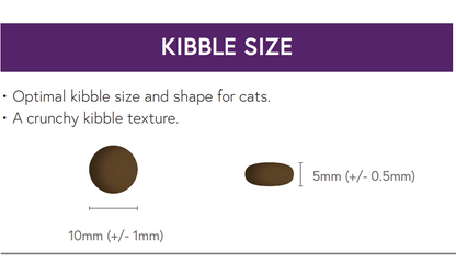 Diagram of Hilltop Pet Foods sterilised cat kibble, 10mm x 5mm, for adult cats; optimal size and crunch.