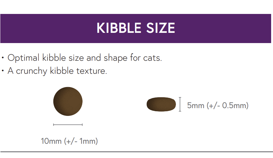 Diagram of Hilltop Pet Foods sterilised cat kibble, 10mm x 5mm, for adult cats; optimal size and crunch.
