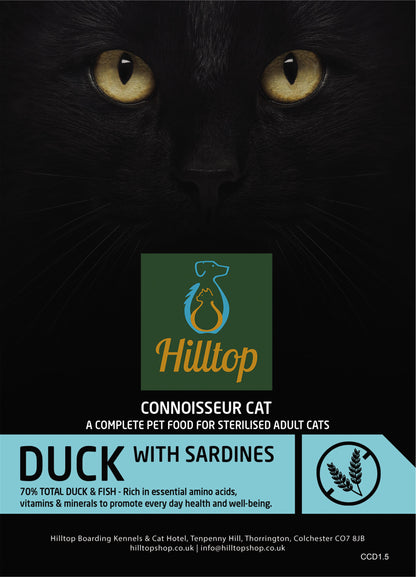 Close-up of a black cat’s face above a Hilltop Pet Food label: Connoisseur Adult Cat Food—Duck & Sardine.