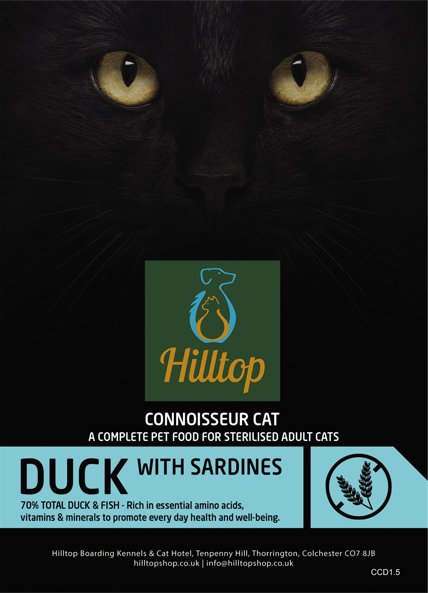 Close-up of a black cat’s face above a Hilltop Pet Food label: Connoisseur Adult Cat Food—Duck & Sardine.