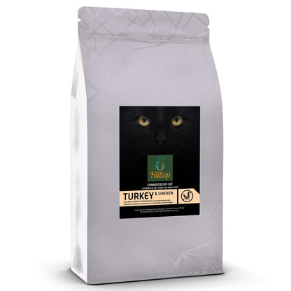 A white bag of Hilltop Connoisseur Cat Food Adult - Turkey & Chicken, by Hilltop Pet Food, with a black cat label.
