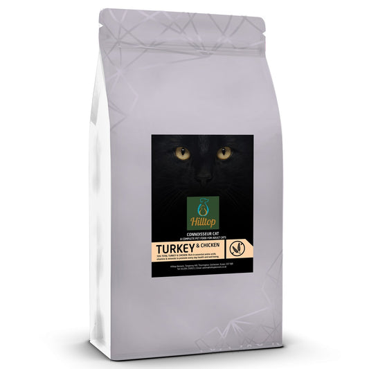 A white bag of Hilltop Connoisseur Cat Food Adult - Turkey & Chicken, by Hilltop Pet Food, with a black cat label.