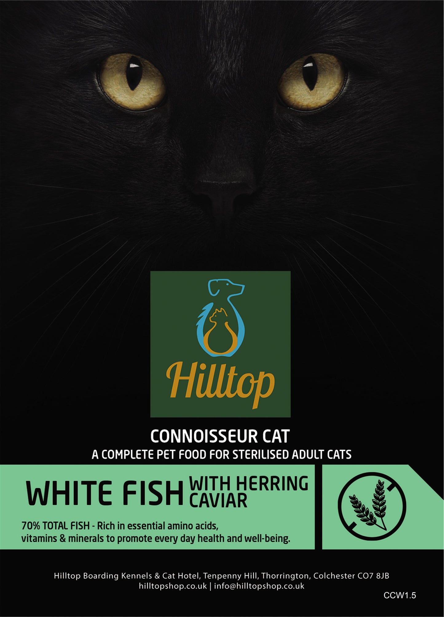 Close-up of a black cat above Hilltop Pet Food Sterilised Adult Cat Food – White Fish with Herring Caviar label.