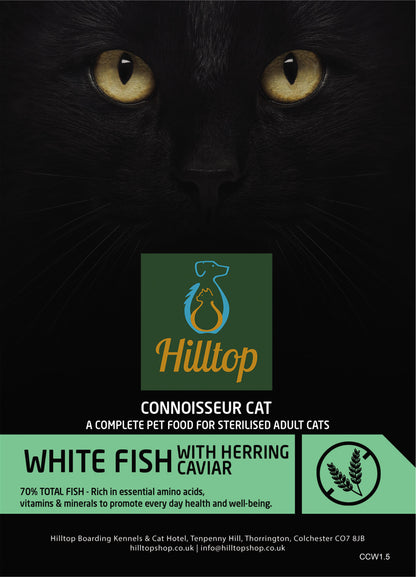 Close-up of a black cat above Hilltop Pet Food Sterilised Adult Cat Food – White Fish with Herring Caviar label.