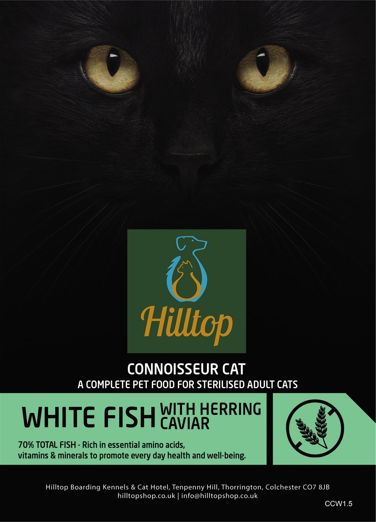 Close-up of a black cat above Hilltop Pet Food Sterilised Adult Cat Food – White Fish with Herring Caviar label.