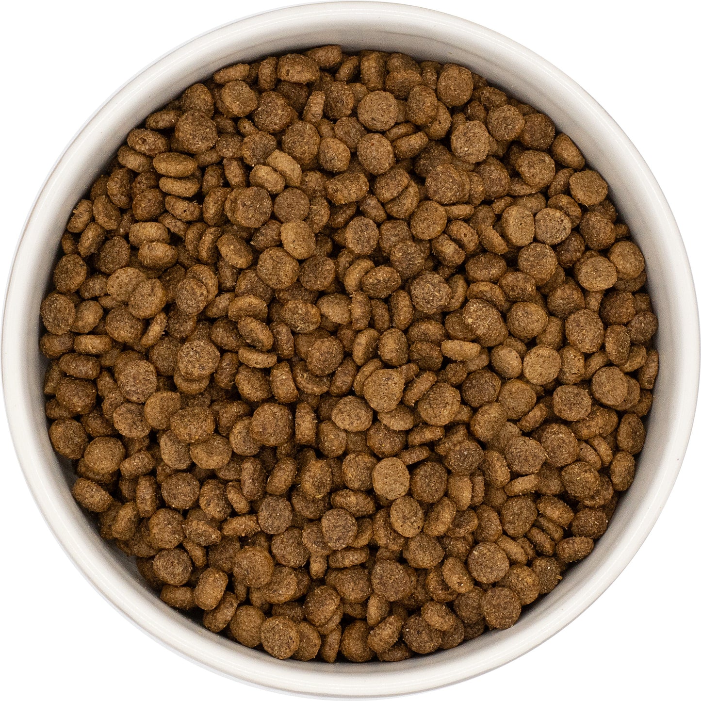 A white bowl with Hilltop Super Premium Dog Food SMALL BREED - Chicken & Rice, ideal for digestive health.