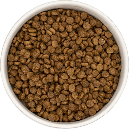 A white bowl with Hilltop Super Premium Dog Food SMALL BREED - Chicken & Rice, ideal for digestive health.