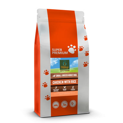 Hilltop Super Premium Dog Food SMALL BREED - Chicken & Rice, supports digestive health for small breed adults.