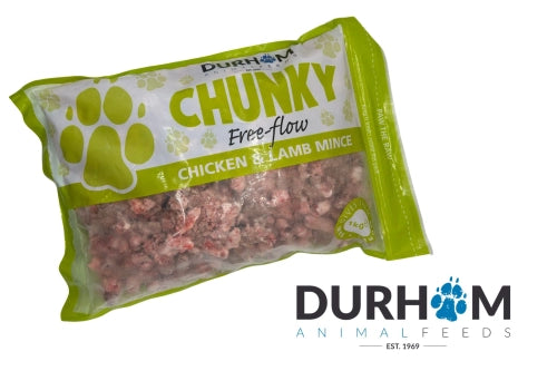 Hilltop Pet Food Durham Chunky Free Flow Chicken & Lamb Mince 1kg—ideal frozen raw dog food.