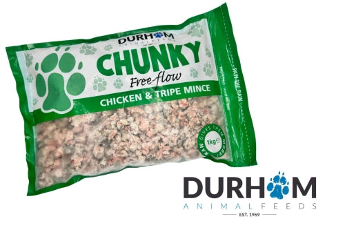 Hilltop Pet Food Durham Chunky Free Flow Chicken & Tripe Mince 1kg raw dog food in green and white packaging.