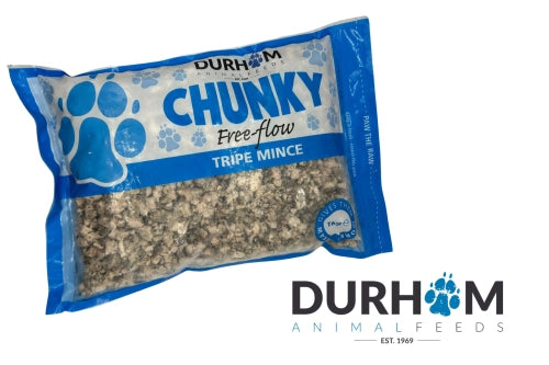 Hilltop Pet Food’s Durham Chunky Free Flow Tripe Mince (1kg) raw dog food in blue and white packaging with a paw print.