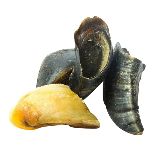 Three Hilltop Pet Food Cow Hooves—two dark, one light—stacked together on a white background.