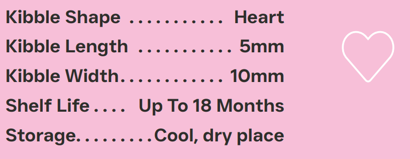 Hilltop Science Plus Cat Foos Skin and Coat Care - Product information card with kibble specifications on a pink background