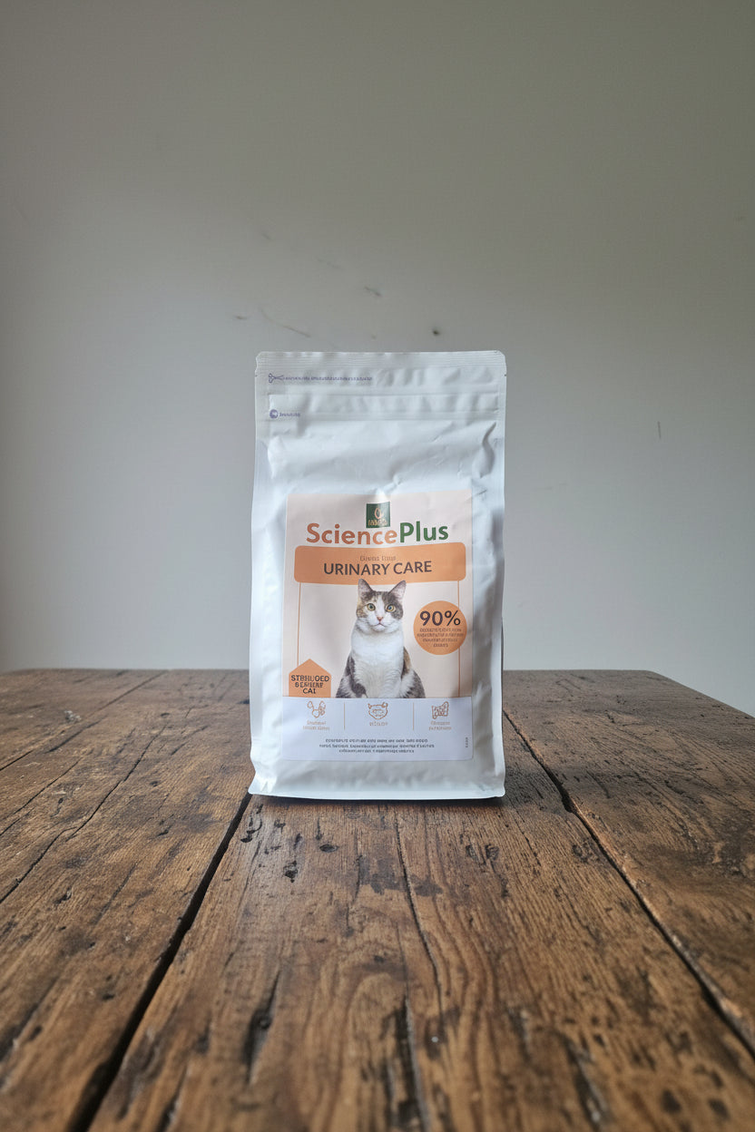 Bag of Hilltop Science Plus cat food on a wooden surface with a neutral background