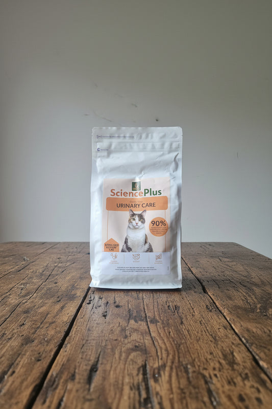 Bag of Hilltop Science Plus cat food on a wooden surface with a neutral background