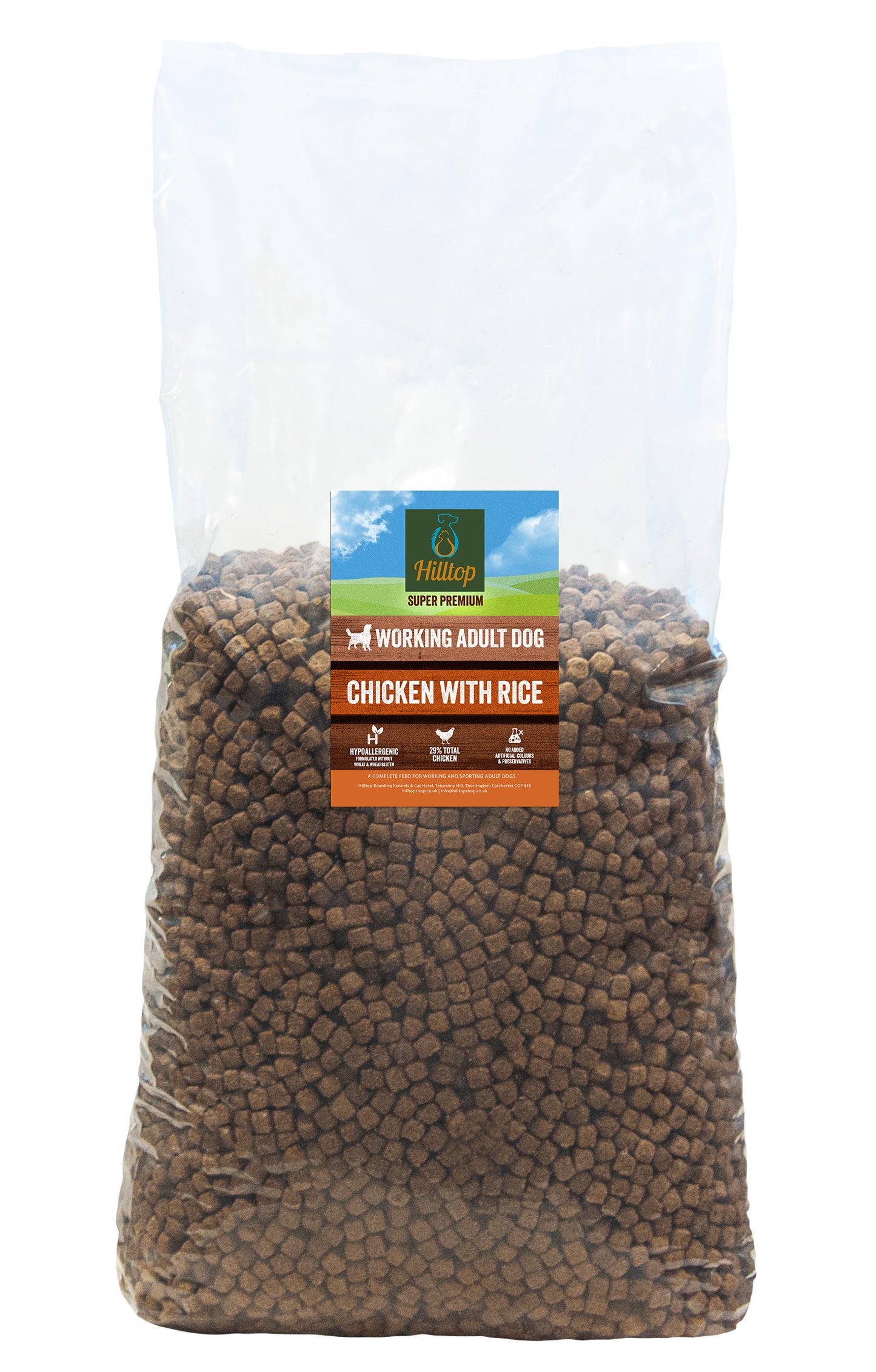 Hilltop Super Premium Adult Dog Food - Chicken & Rice supports digestion with brown kibble for adult dogs.