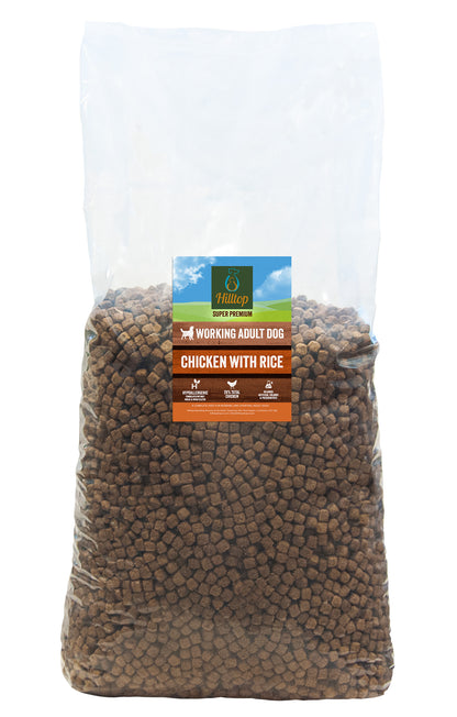 Hilltop Super Premium Adult Dog Food - Chicken & Rice supports digestion with brown kibble for adult dogs.