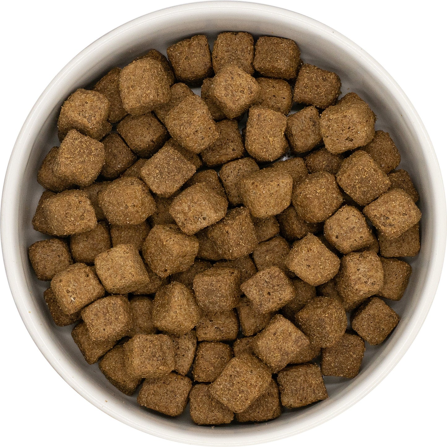 A white bowl of Hilltop Super Premium Adult Dog Food - Chicken & Rice by Hilltop Pet Food, viewed from above.