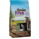 A bag of grain-free cat food with a picture of a cat and outdoor scenery on the packaging.