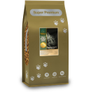 A brown bag of cat food with paw prints and a label featuring a cat image on the front.