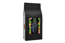 Black coffee bag with a colorful label featuring leaves and text, standing upright on a light gray background.