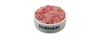A white bowl labeled DURHAM filled with raw minced meat on a plain white background.