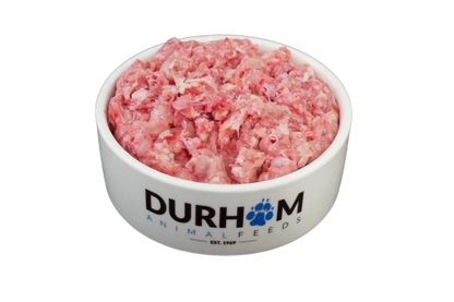 A white bowl labeled Durham Animal Feeds holds Hilltop Pet Foods Turkey Mince 454g on a white background.
