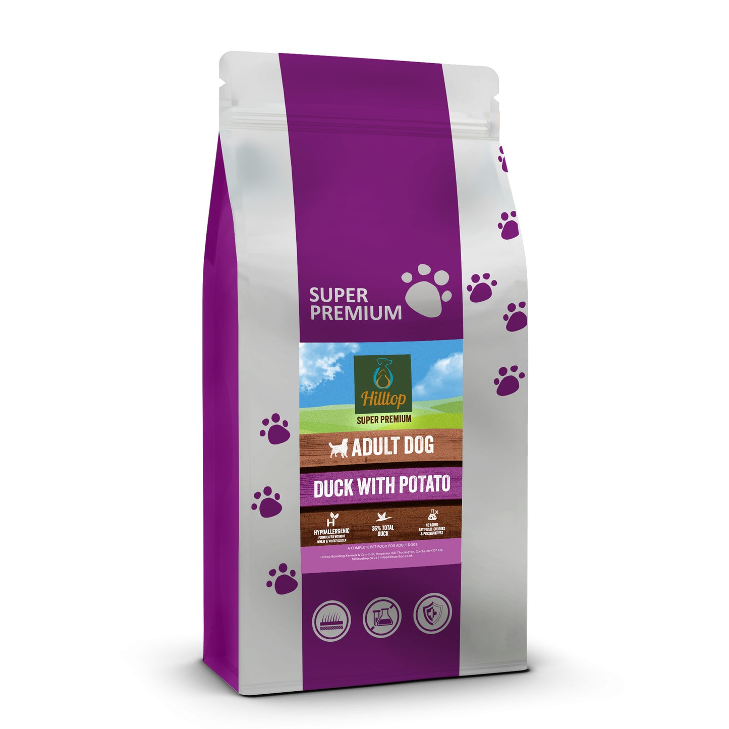 Purple and white bag of Hilltop Pet Food Super Premium Adult Dog Food - Duck & Potato, with paw prints on the pack.
