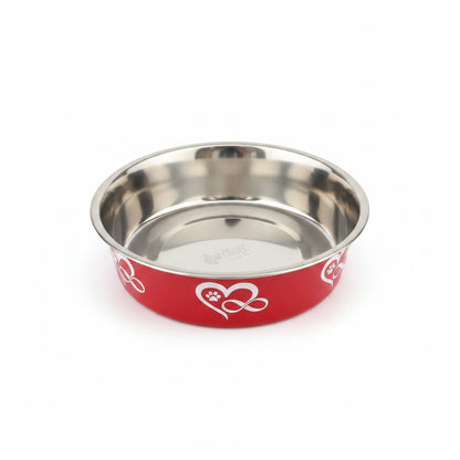 Non-slip stainless steel dog bowl with red pattern on side