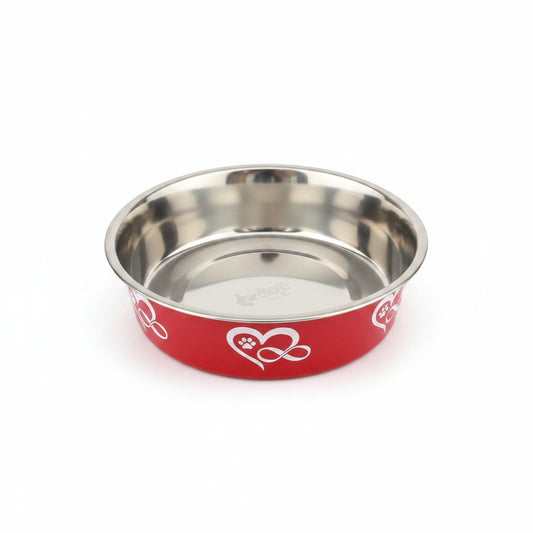 Non-slip stainless steel dog bowl with red pattern on side