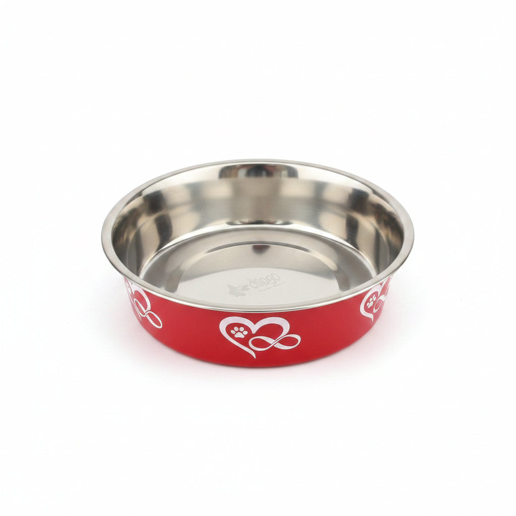 Non-slip stainless steel dog bowl with red pattern on side