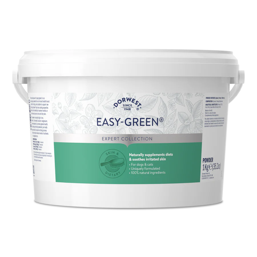White tub of Hilltop Pet Food Dorwest Easy-Green® Powder for Dogs and Cats, with green label and info on front.