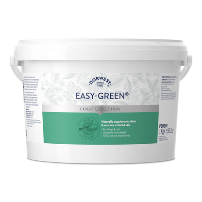 White tub of Hilltop Pet Food Dorwest Easy-Green® Powder for Dogs and Cats, with green label and info on front.