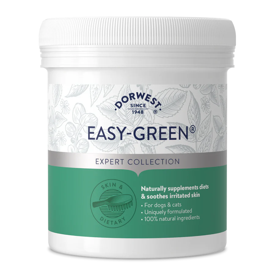 White tub of Hilltop Pet Food Dorwest Easy-Green® Powder For Dogs And Cats, with green/silver leaf-patterned design.