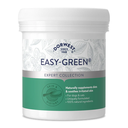 White tub of Hilltop Pet Food Dorwest Easy-Green® Powder For Dogs And Cats, with green/silver leaf-patterned design.