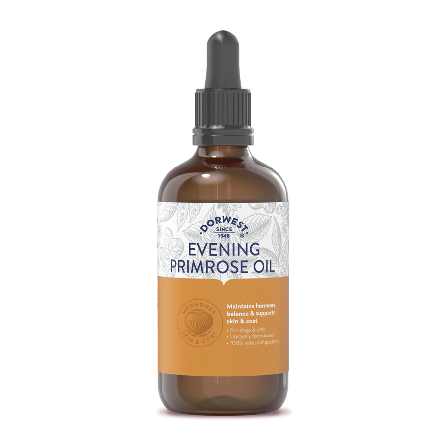 A brown dropper bottle of Hilltop Pet Food Dorwest Evening Primrose Oil Liquid for dogs and cats, with white and orange accents.