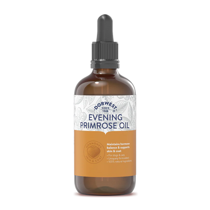 A brown dropper bottle of Hilltop Pet Food Dorwest Evening Primrose Oil Liquid for dogs and cats, with white and orange accents.