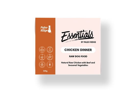 Hilltop Pet Food Paleo Ridge: Essentials - Chicken Dinner, 500g raw, grain-free balanced dog meal with icons & info.