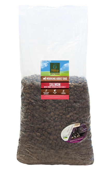 Hilltop Super Premium Adult Dog Food - Fish & Potato supports skin health for working adults; hypoallergenic, clear bag.