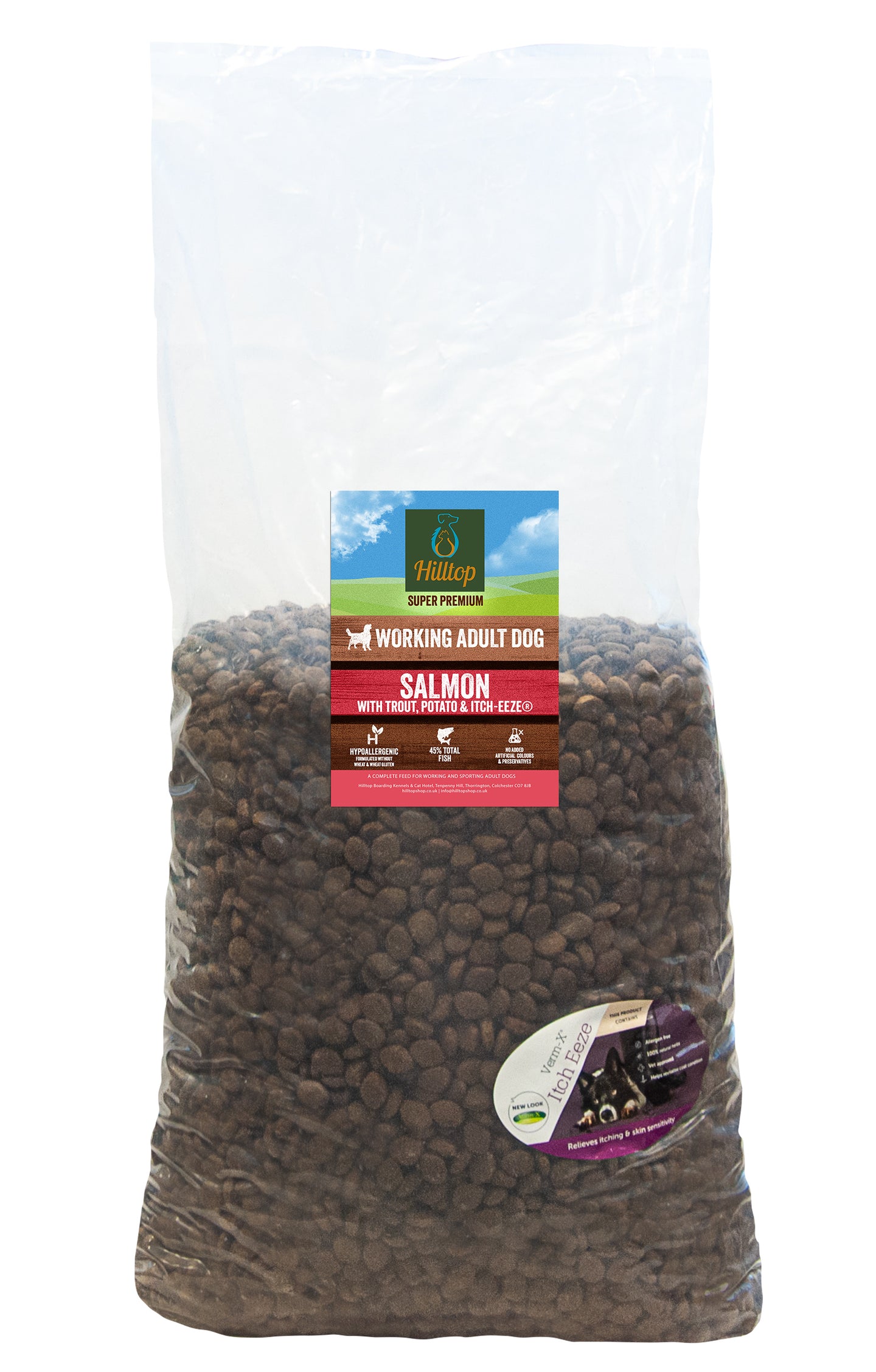 Hilltop Super Premium Adult Dog Food - Fish & Potato supports skin health for working adults; hypoallergenic, clear bag.