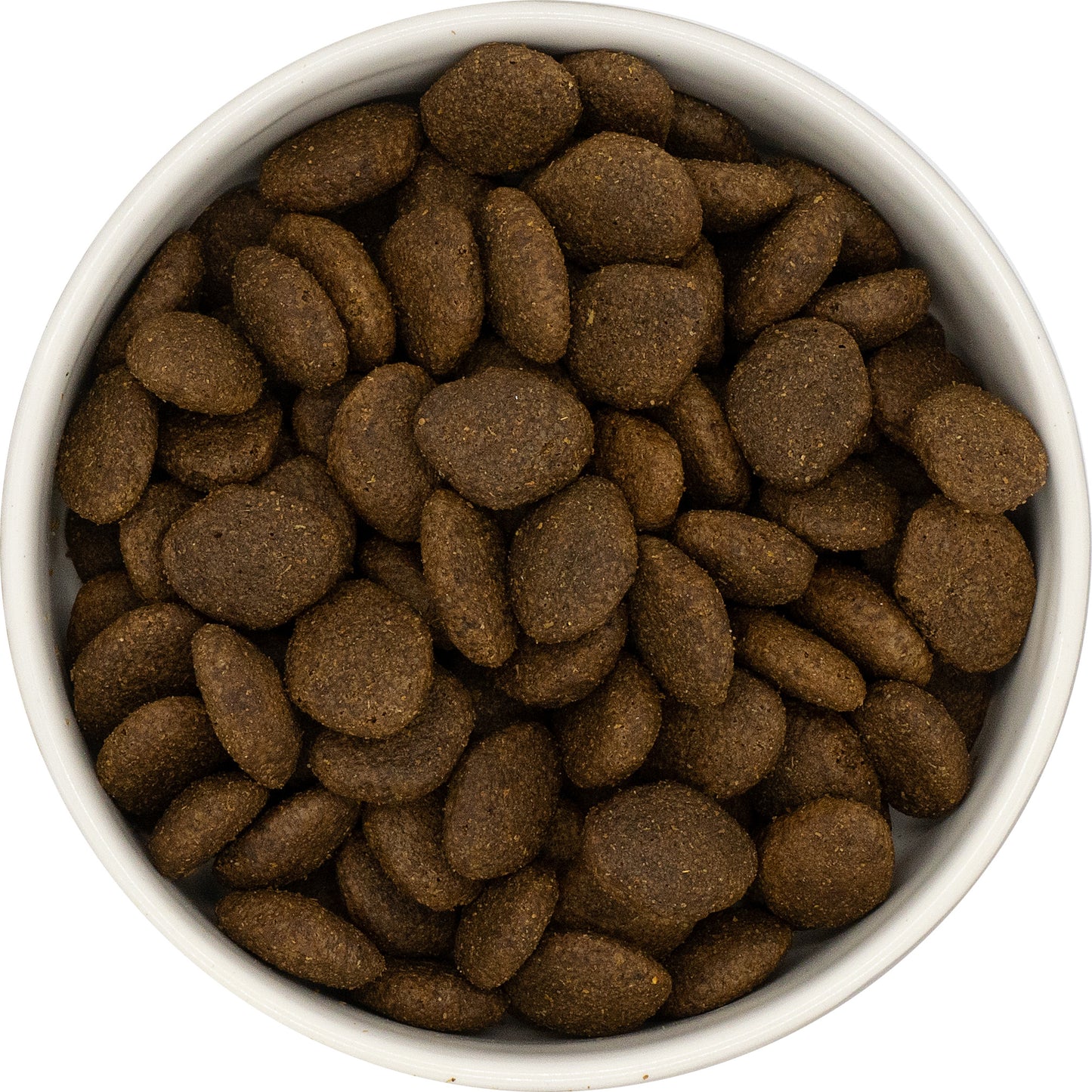 A white bowl filled with Hilltop Super Premium Adult Dog Food—Fish & Potato, viewed from above.