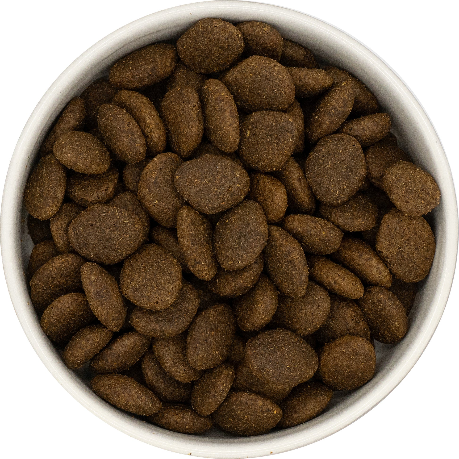 A white bowl filled with Hilltop Super Premium Adult Dog Food—Fish & Potato, viewed from above.